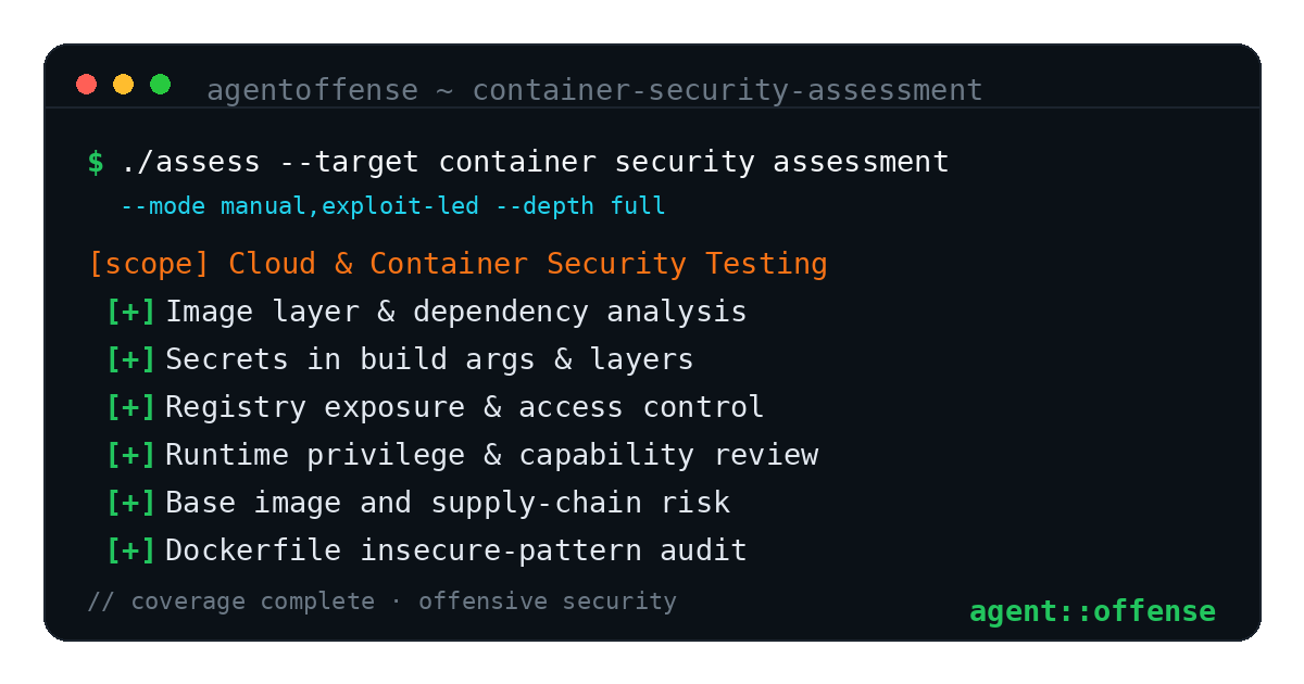 Container Security Assessment — AgentOffense test coverage and attack surface
