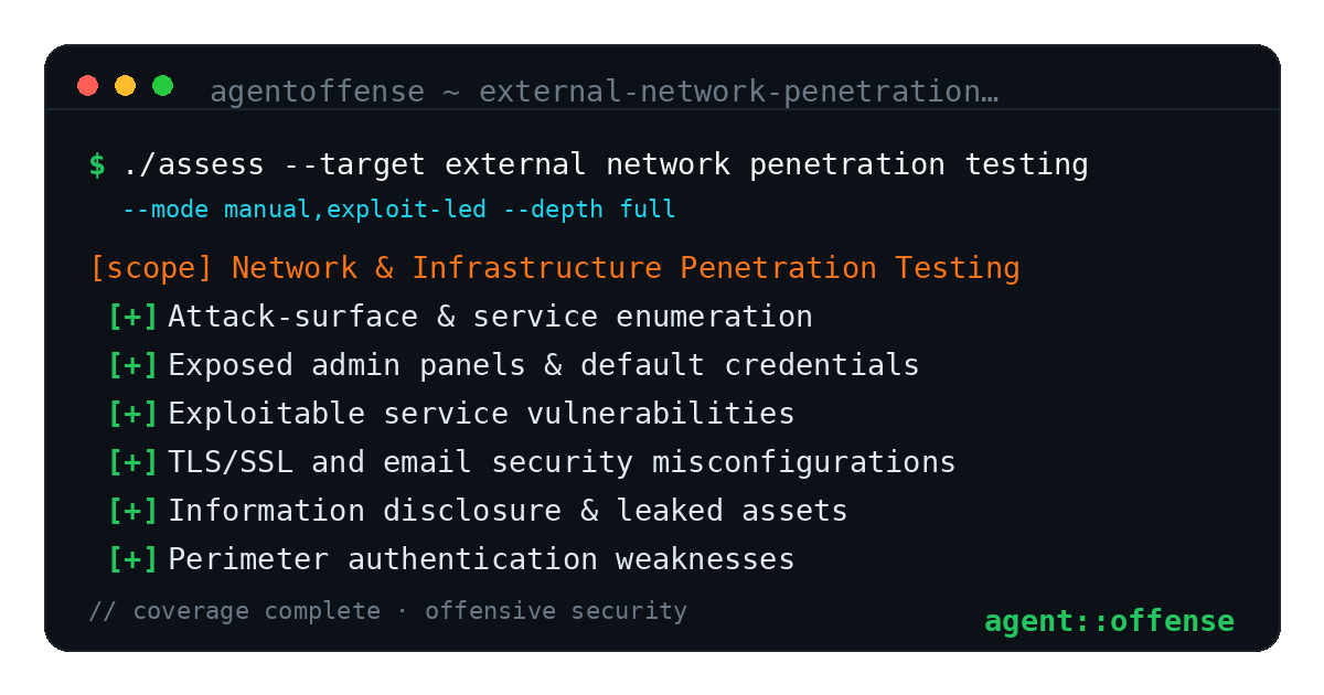 External Network Penetration Testing — AgentOffense test coverage and attack surface