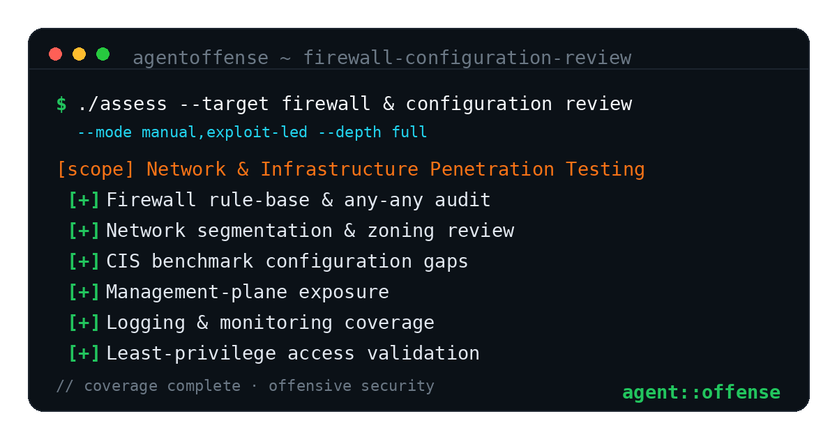 Firewall & Configuration Review — AgentOffense test coverage and attack surface