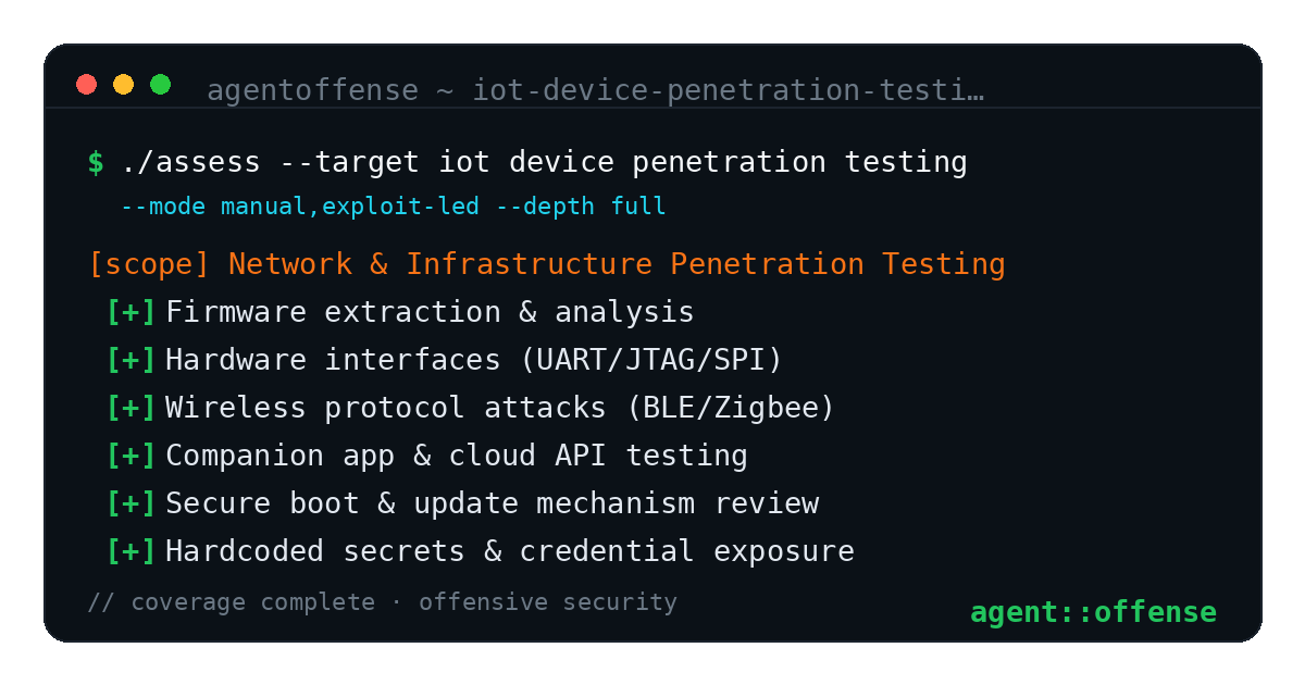 IoT Device Penetration Testing — AgentOffense test coverage and attack surface