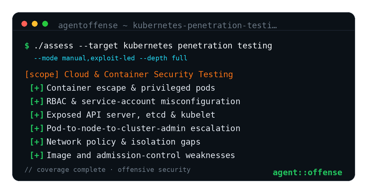 Kubernetes Penetration Testing — AgentOffense test coverage and attack surface