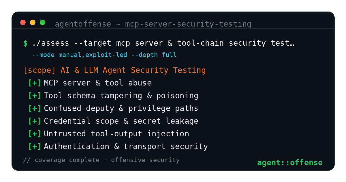 MCP Server & Tool-Chain Security Testing — AgentOffense test coverage and attack surface