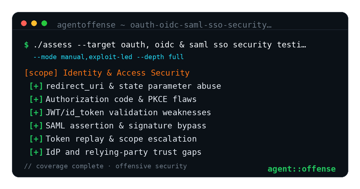 OAuth, OIDC & SAML SSO Security Testing — AgentOffense test coverage and attack surface