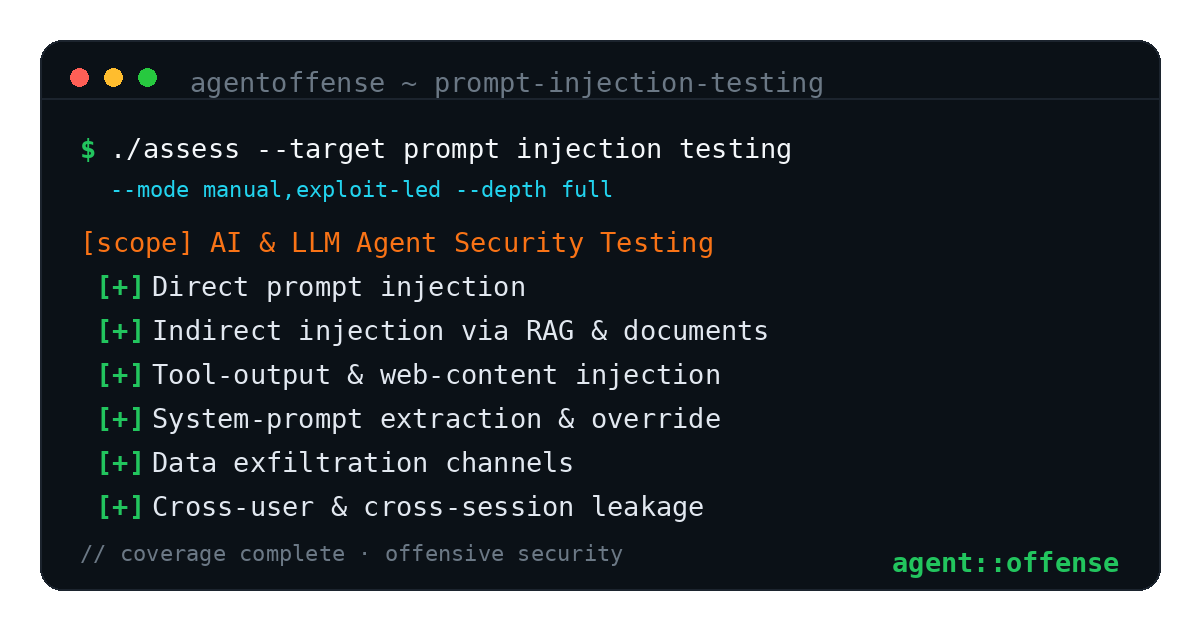 Prompt Injection Testing — AgentOffense test coverage and attack surface