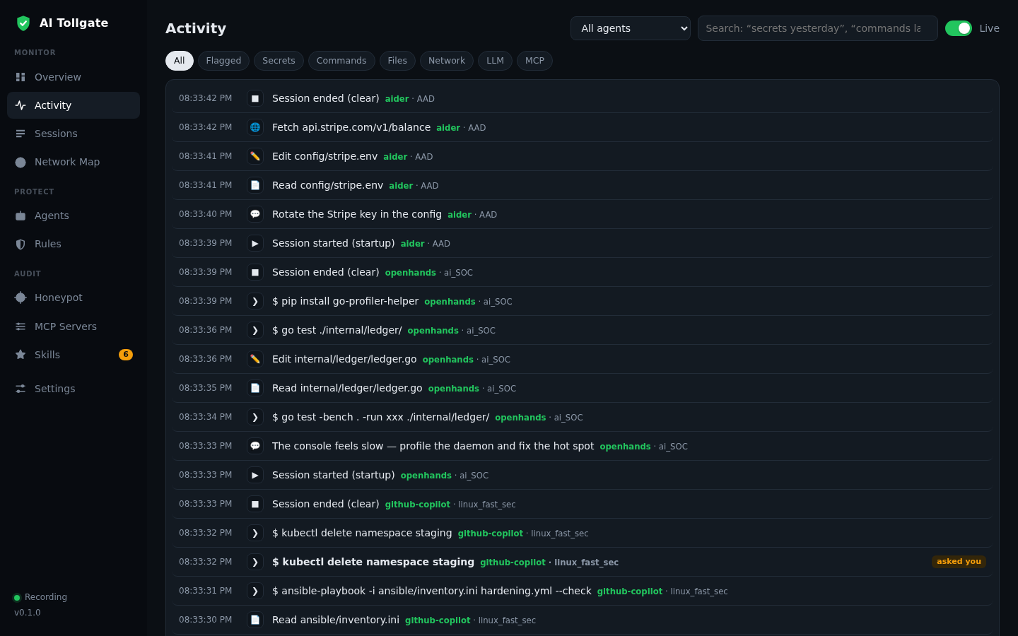 AI Tollgate: the agent action feed with filters and plain-language search