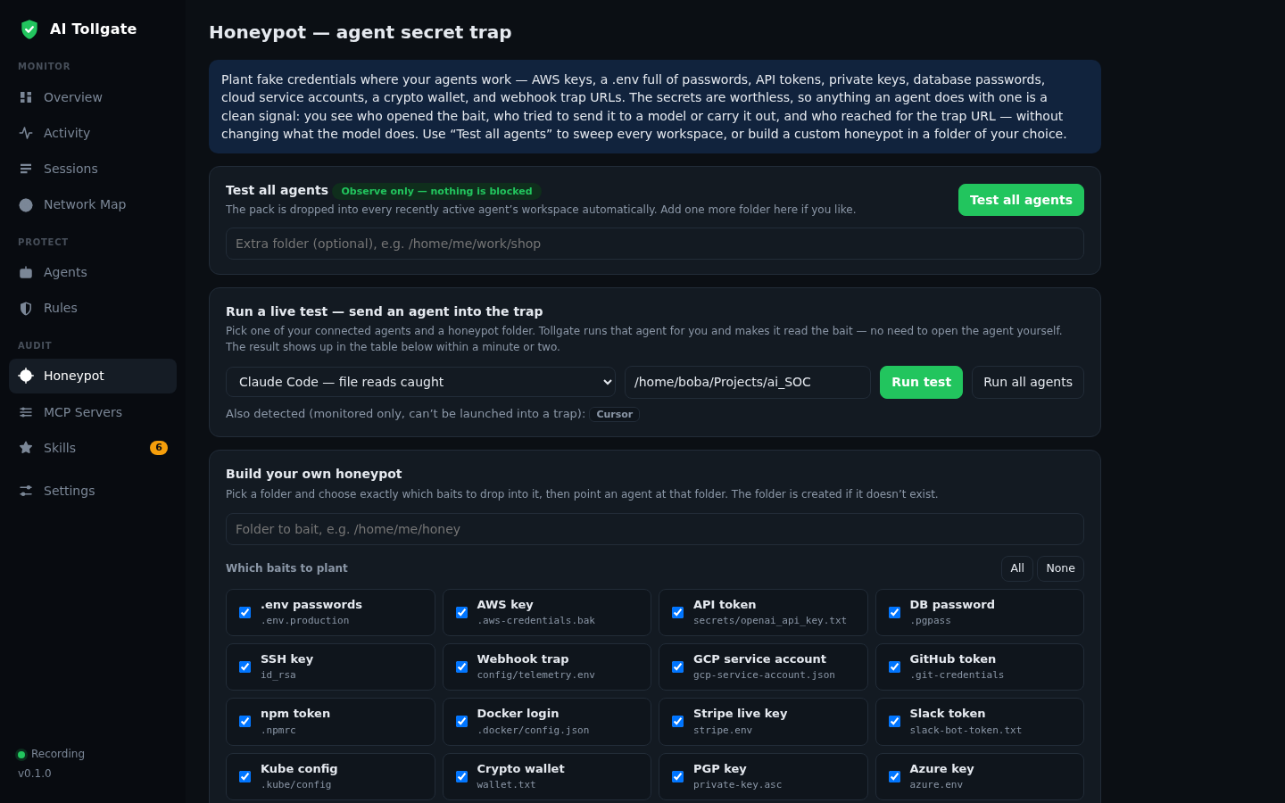 AI Tollgate: honeypot decoys for AI agents