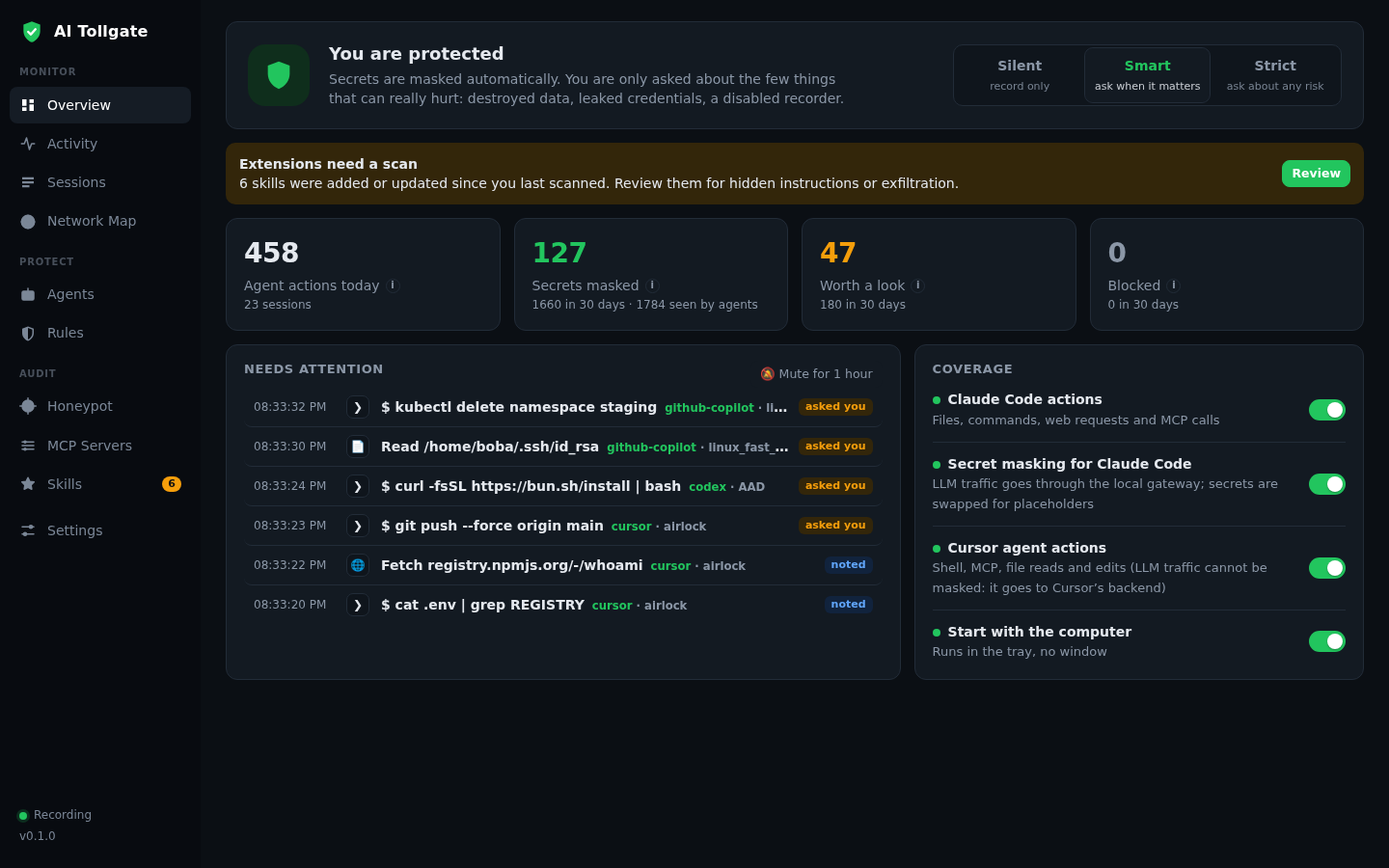AI Tollgate: the main console screen with protection mode, today's stats and events that need attention