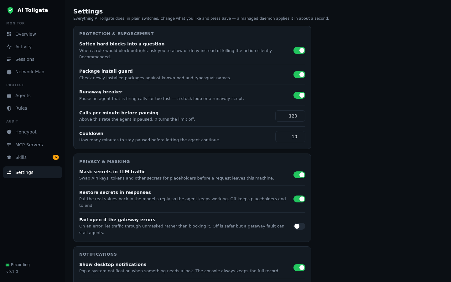 AI Tollgate: protection, privacy and notification settings