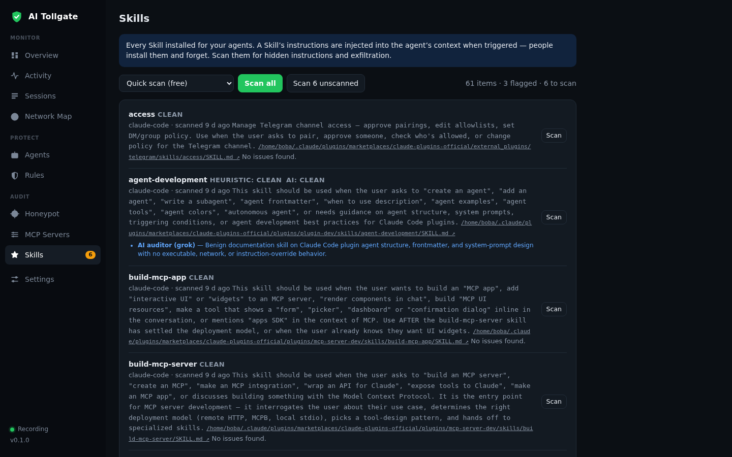 AI Tollgate: review of installed agent skills